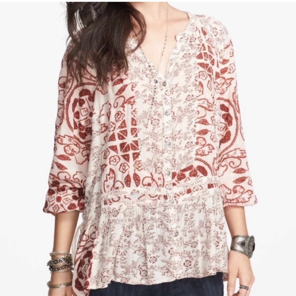 Free People Button Down Drawstring Ratio Print Tunic